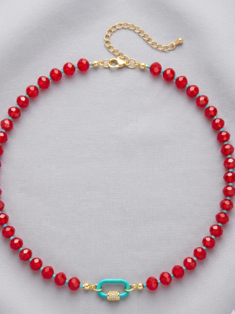 Scarlet Bead Choker with Turquoise Carabiner Clasp